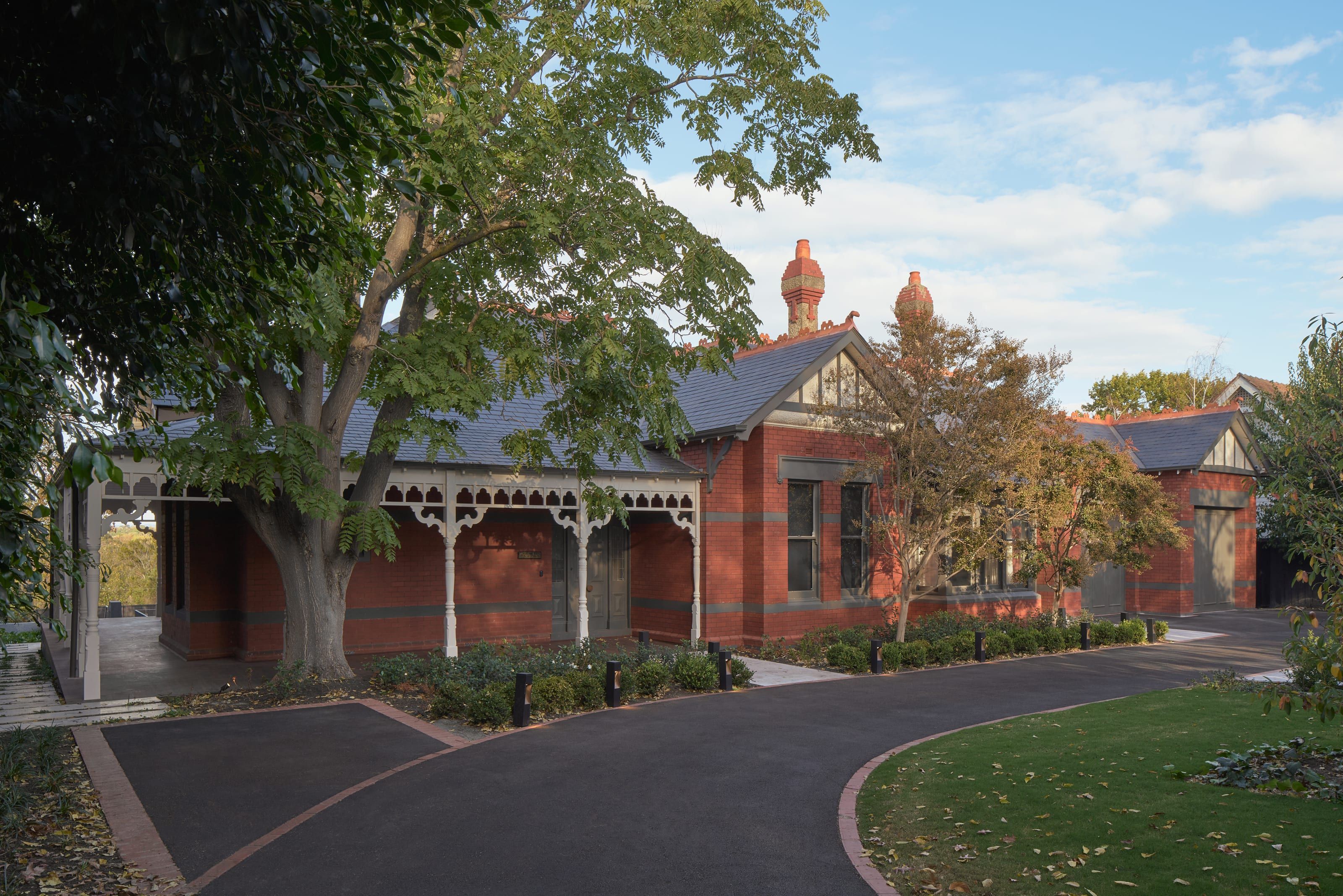 The restored c1900 frontage of Cranston House at dusk